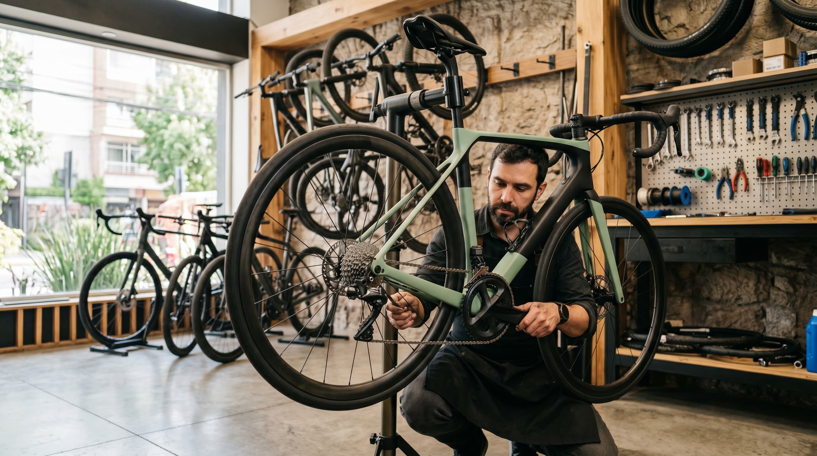 Workshop de bicicletas con varias bicis en racks y técnico ajustando componentes