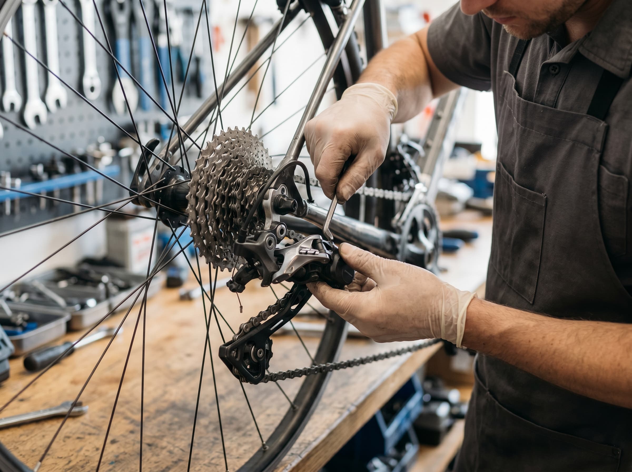 Mecánico de bicicletas ajustando transmisión en banco de trabajo