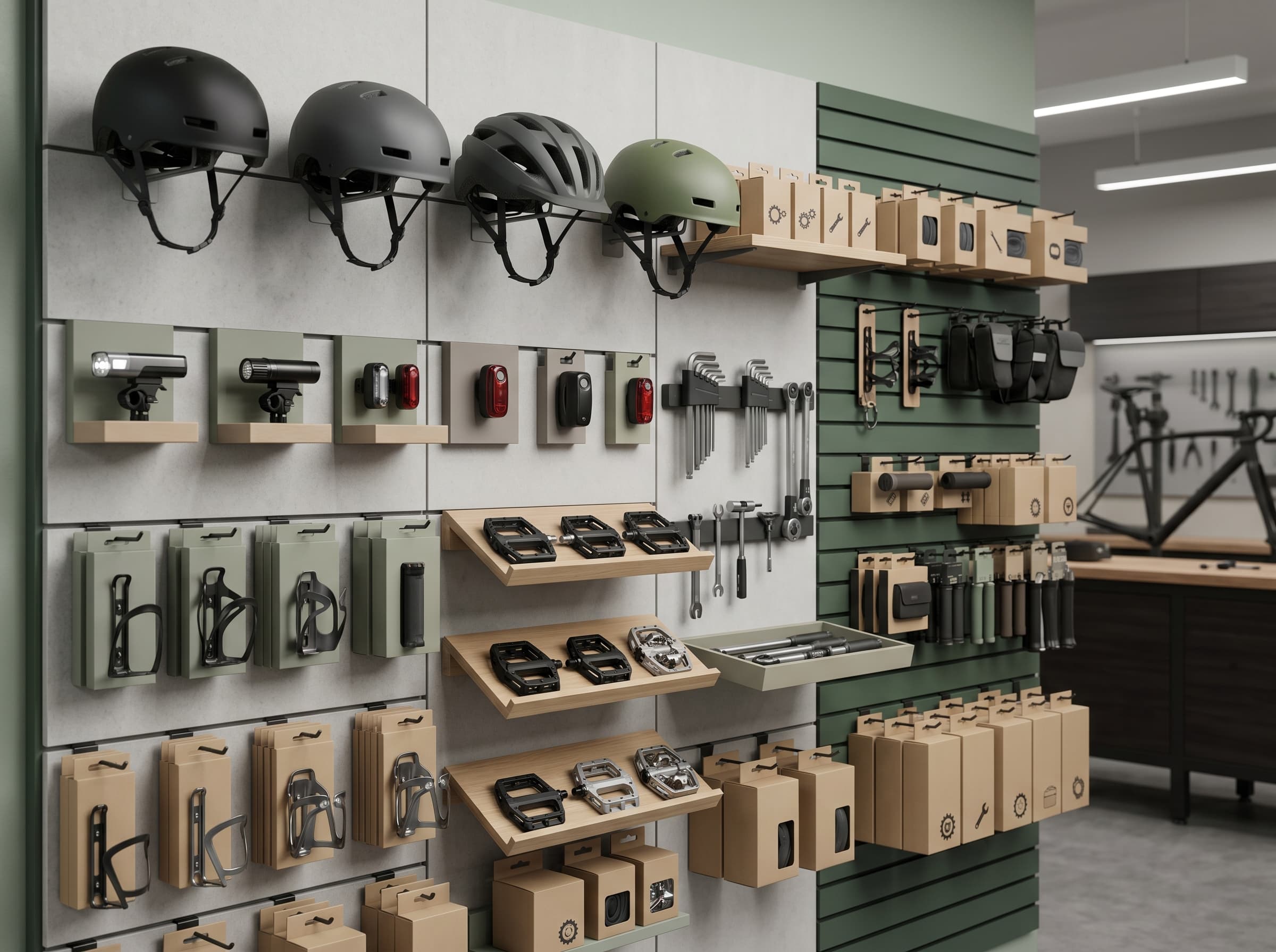 Muro de componentes de bicicleta y accesorios curados en tienda-taller