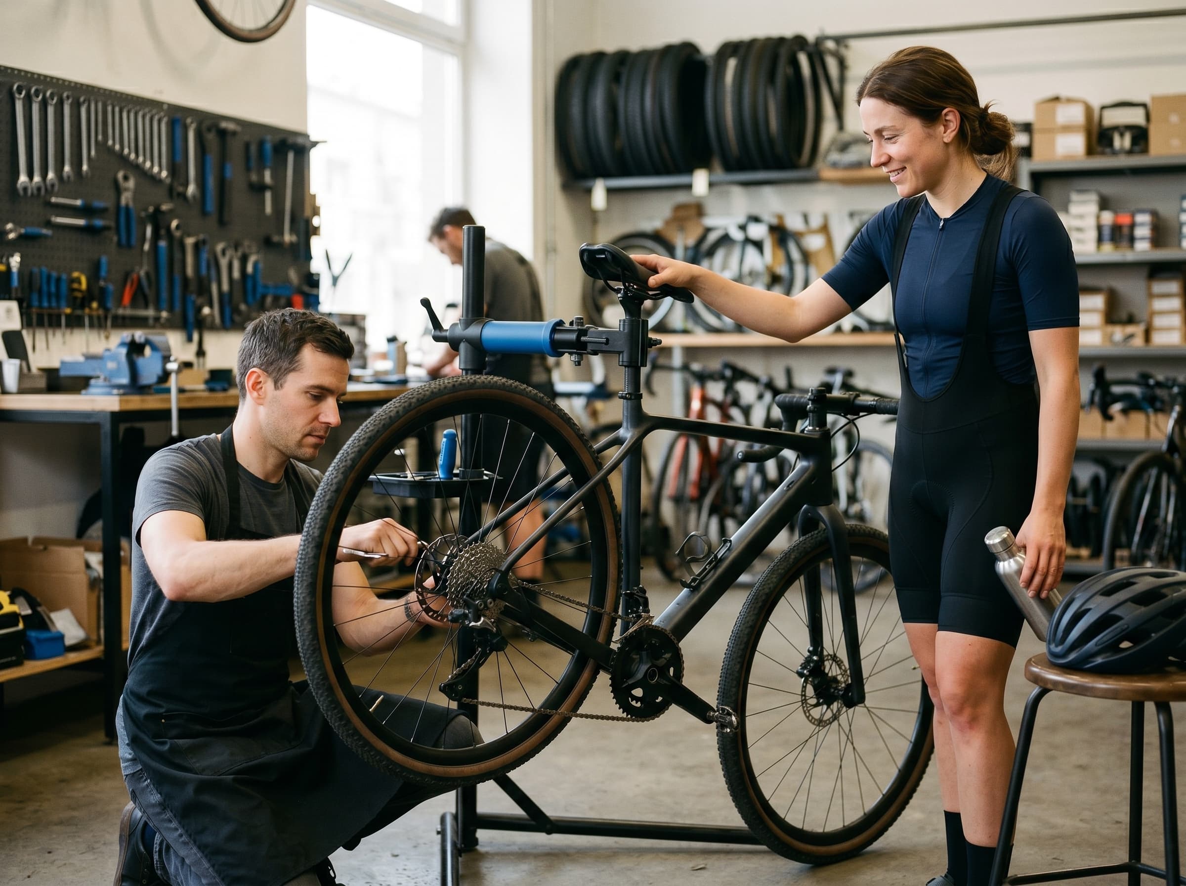 Rider junto a bicicleta siendo revisada en taller luego de una salida
