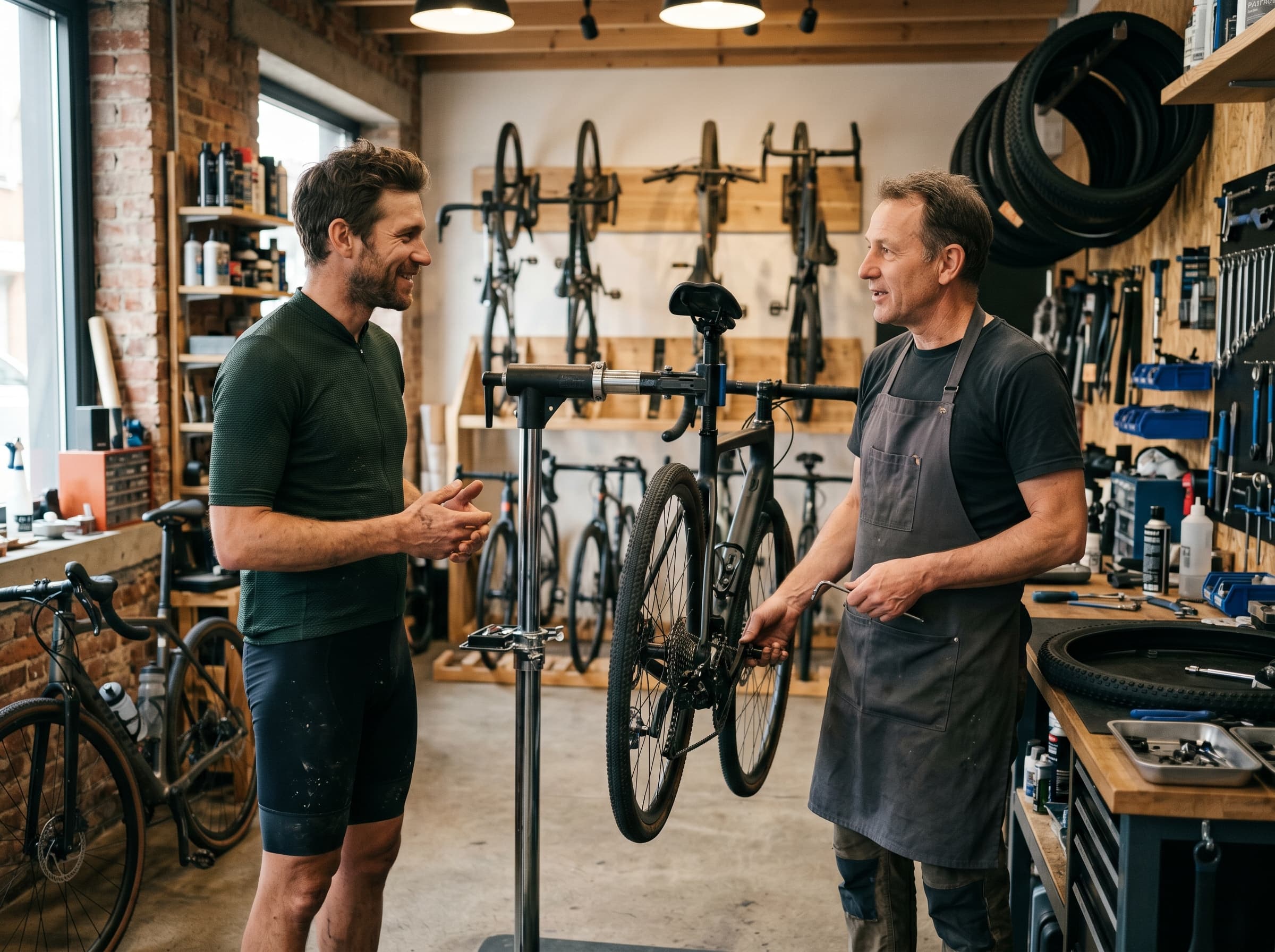 Rider y técnico conversando junto a bicicletas listas para entrega en el taller