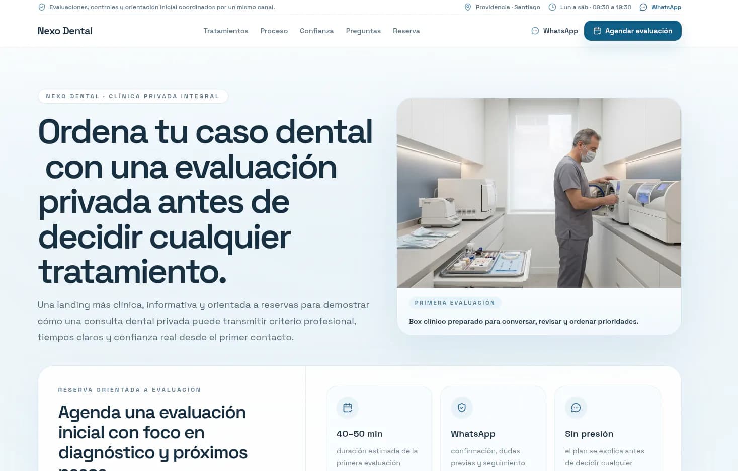 Slot visual para clínica dental moderna con box de evaluación y soporte diagnóstico