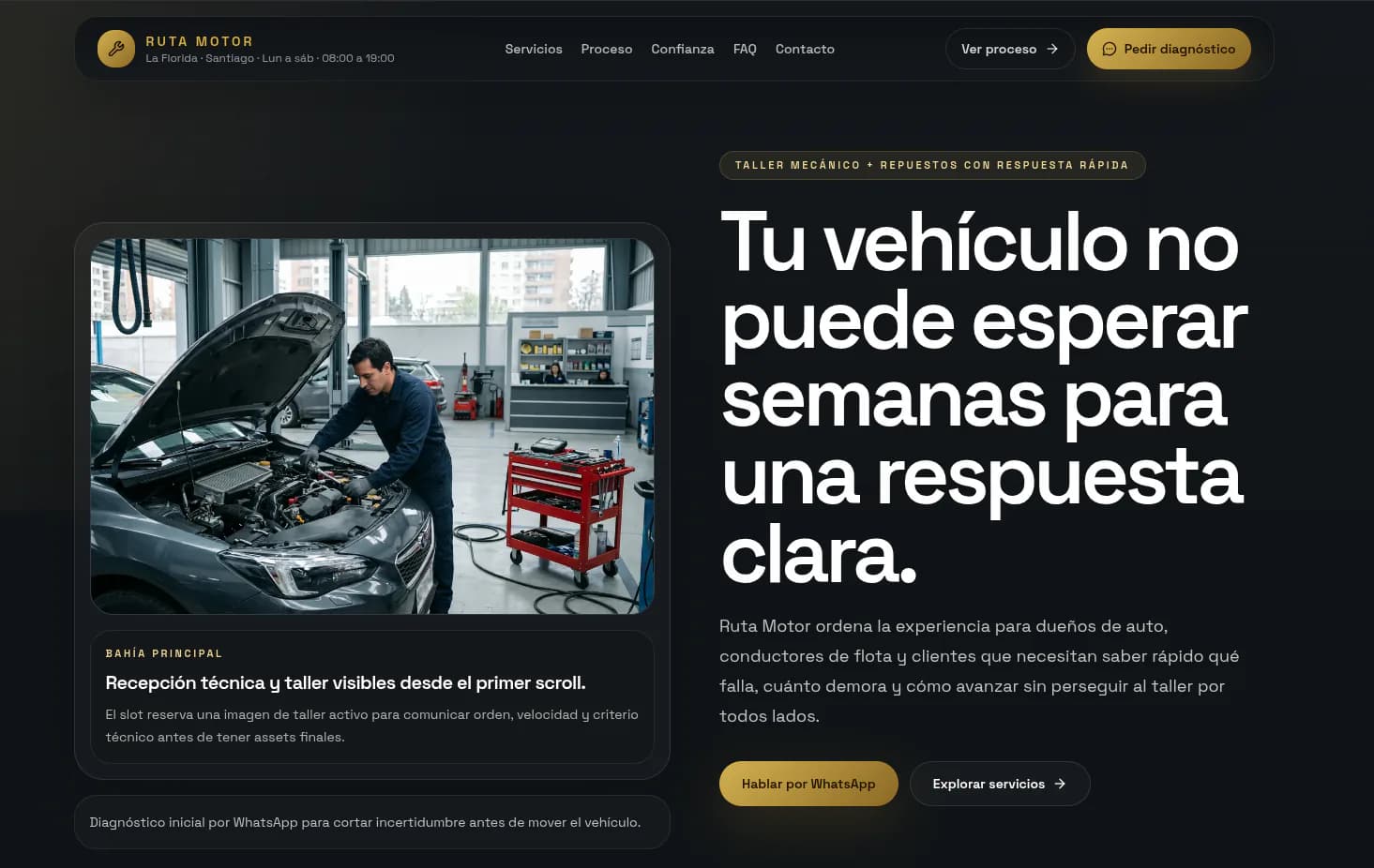 Vista de Ruta Motor con hero oscuro, mecánico en taller y propuesta de diagnóstico rápido