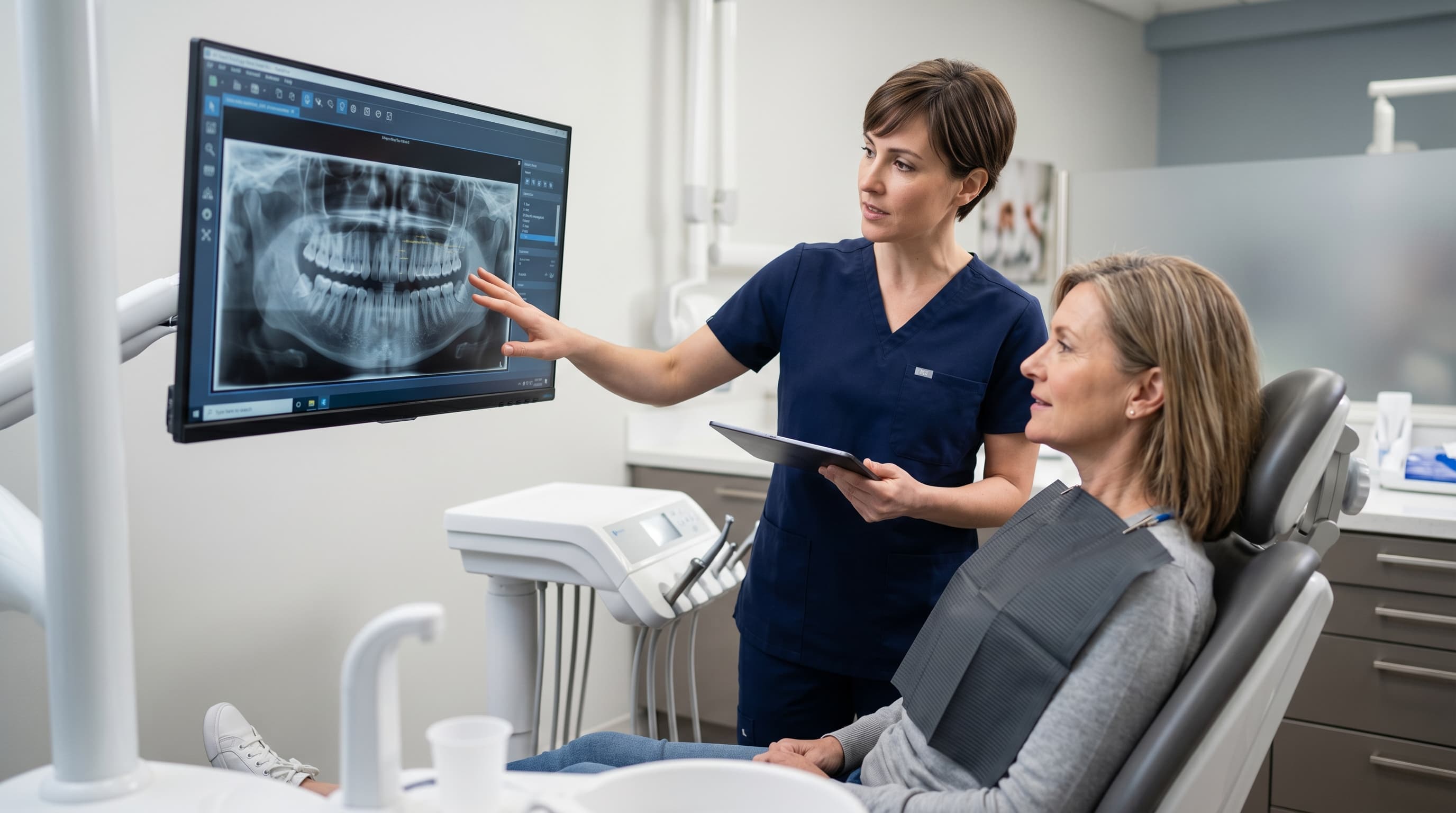 Pantalla con radiografía dental y fichas de planificación clínica