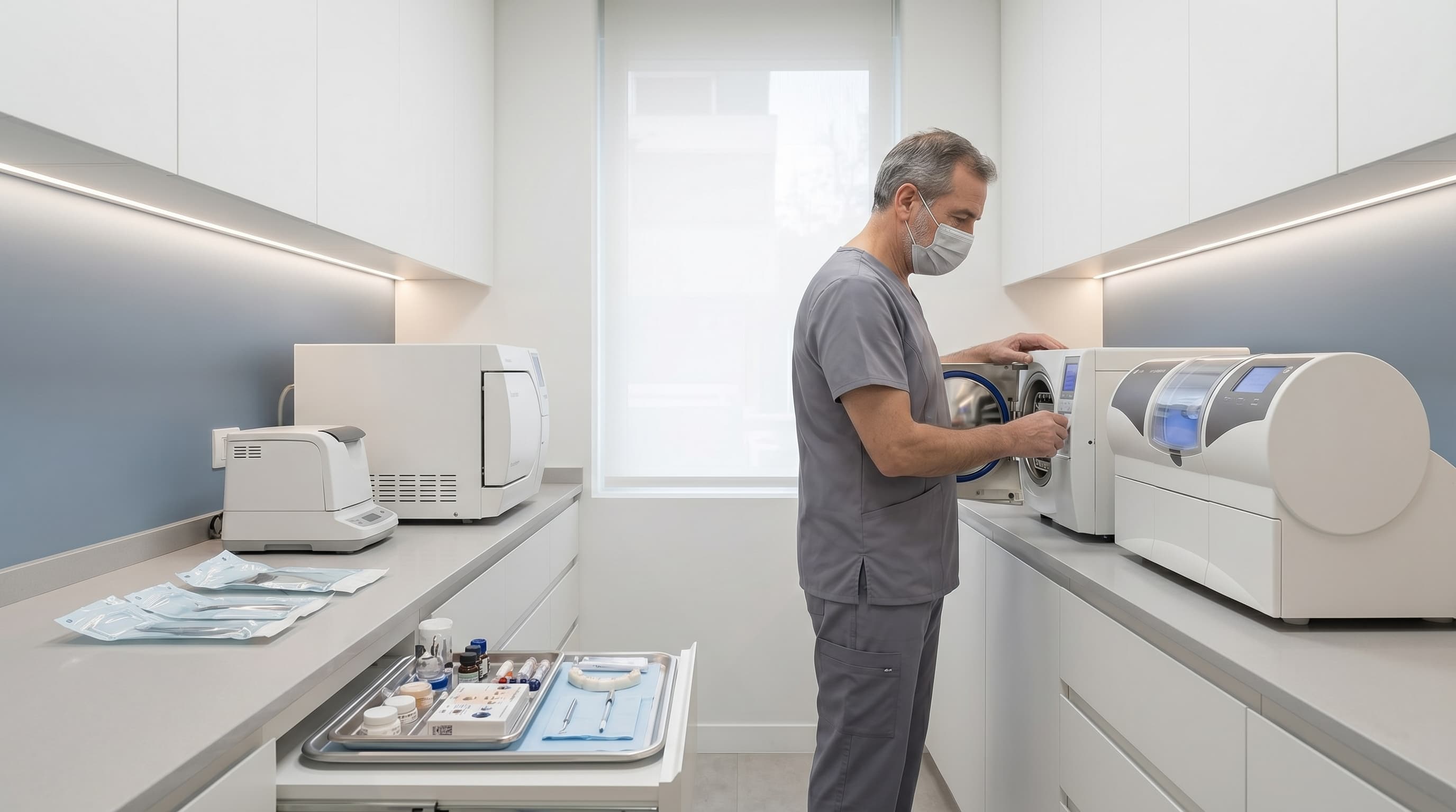 Box de evaluación dental con sillón clínico, luz y pantalla de apoyo diagnóstico