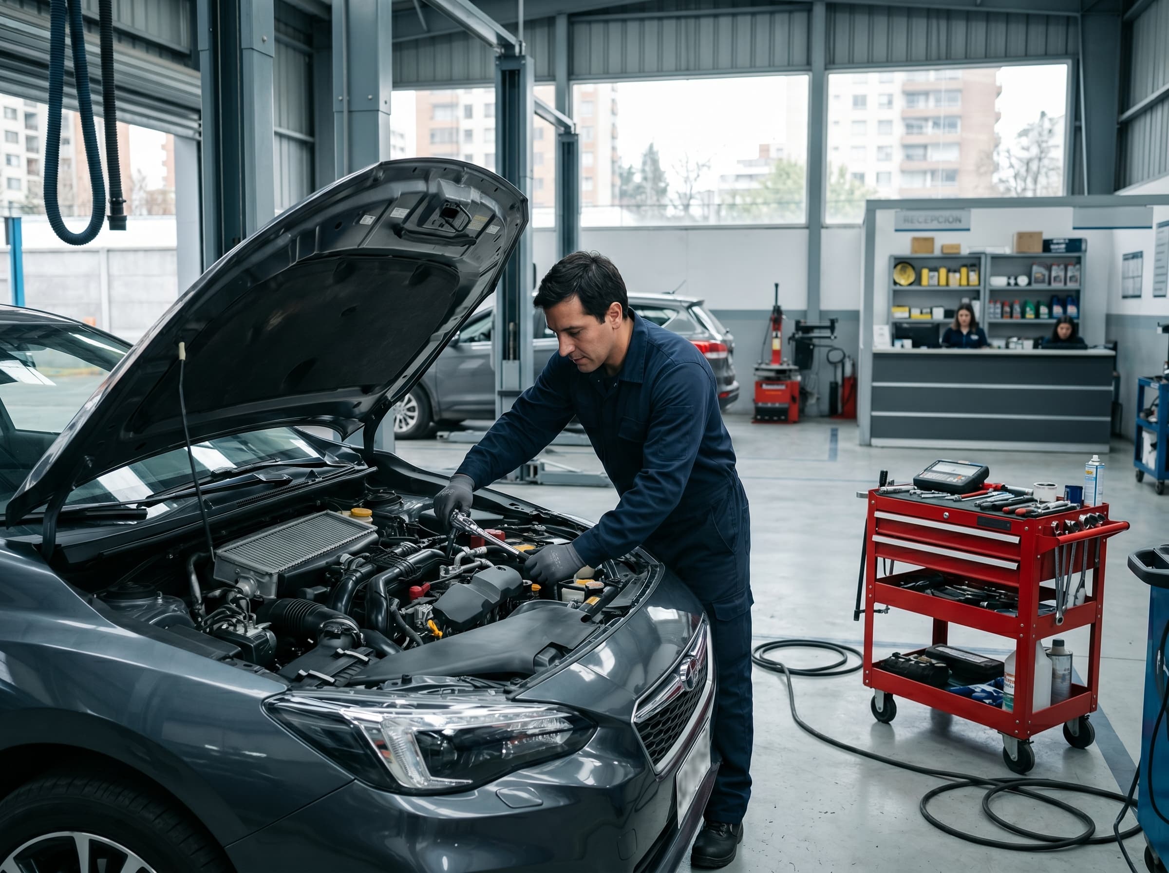 Interior de taller automotriz moderno con un vehículo en inspección y mecánico trabajando