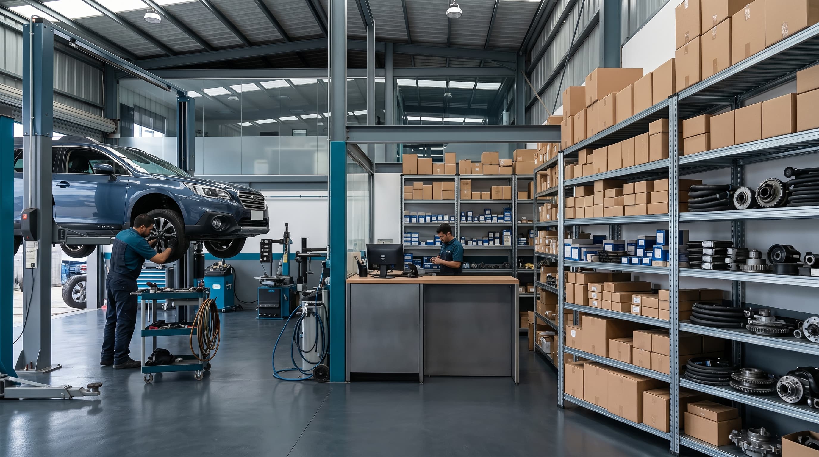 Estantería de repuestos automotrices y estación de atención técnica en taller