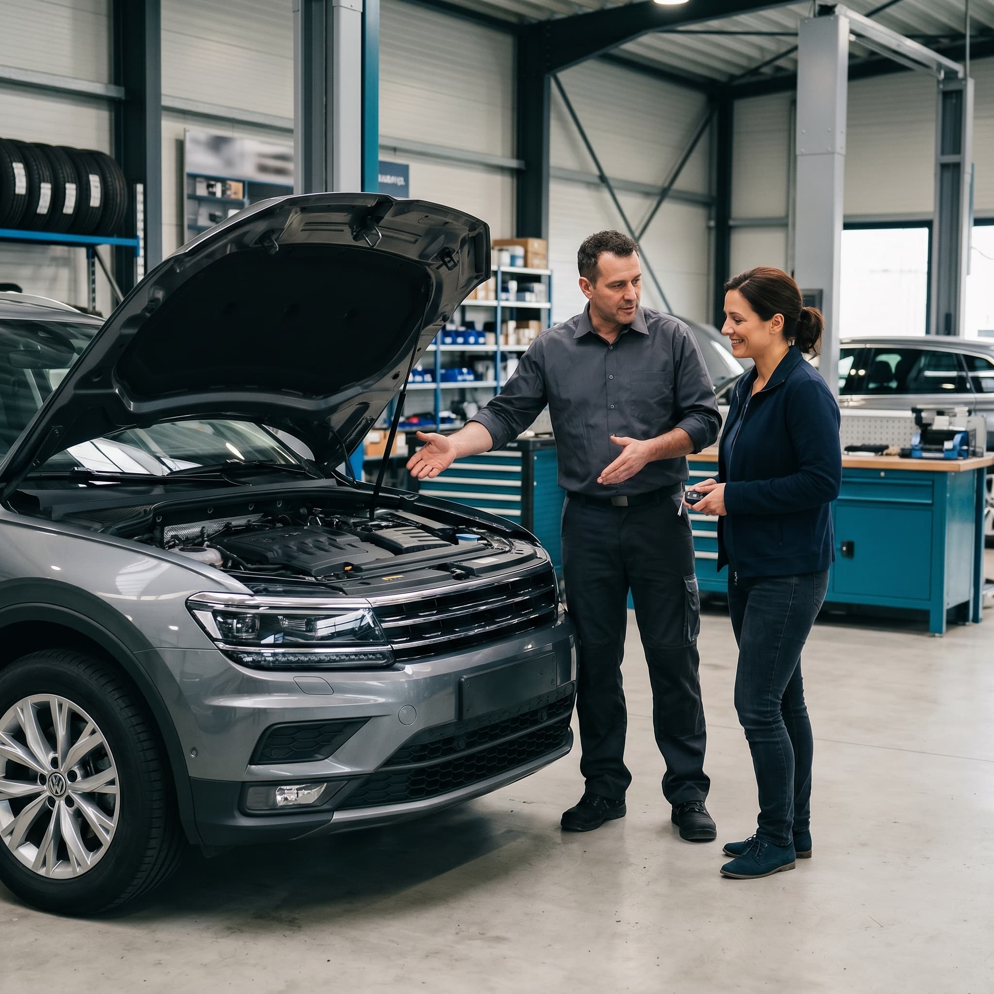 Mecánico mostrando revisión completada junto a vehículo listo para entrega